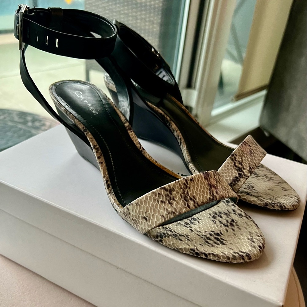 Calvin Klein Tara Snakeskin Wedge Sandals - Black and Tan leather